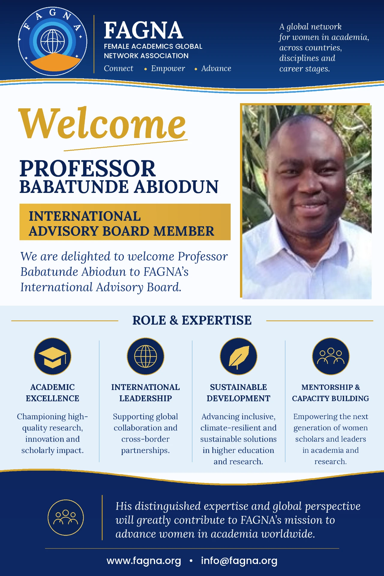 FAGNA® welcome poster for Professor Babatunde J. Abiodun, International Board of Advisors member